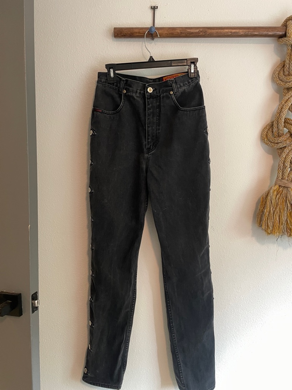 Vintage Lawman 100% Cotton High-Rise Faded Black Side-Button Jeans - 27x33